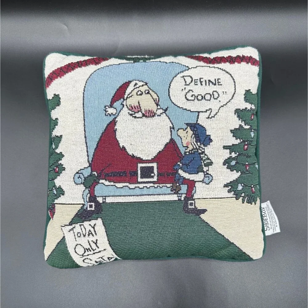 Vintage Hallmark Shoebox Christmas Tapestry Pillow Funny Santa Decor 1990s